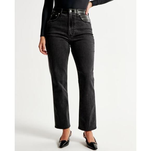 Abercrombie & Fitch Curve Love Ankle Straight Ultra High Rise Jeans Leather Pant - Picture 3 of 14